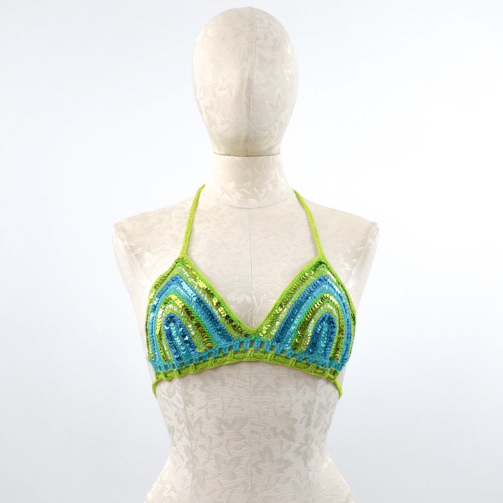 Luxury Handmade S Crochet Sequin Bikini Green - Picture 4 of 13